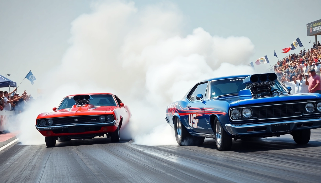 Cars racing in Drag Racing Events with intense speed and excitement at a lively track.