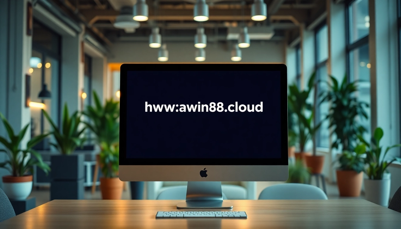 Showcase the digital marketplace platform https://awin68.cloud/ in a vibrant office setting with creativity.