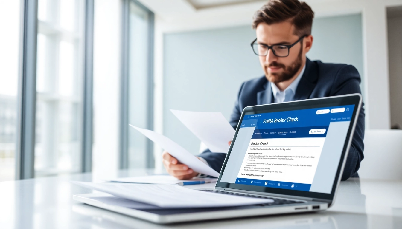 Evaluate brokers using FINRA Broker Check with a professional advisor in a modern office setting.