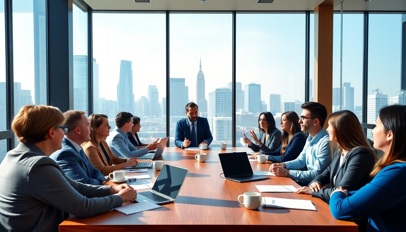 Group of professionals collaborating during a 출장 meeting in a modern office setting.