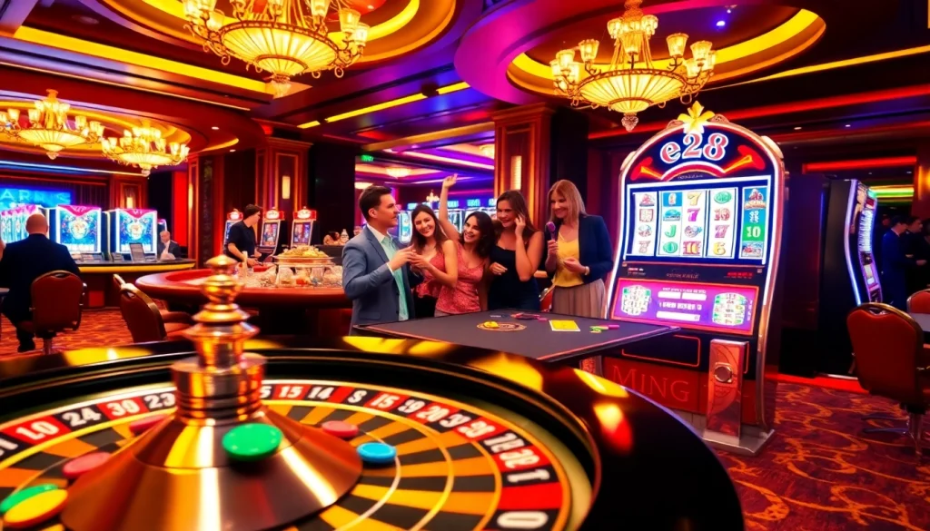 An exciting moment at a casino with e28 players celebrating a jackpot win by the slot machine.