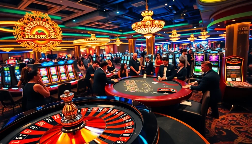 Exciting casino scene with players engaged in review nhà cái activities at tables and slot machines.