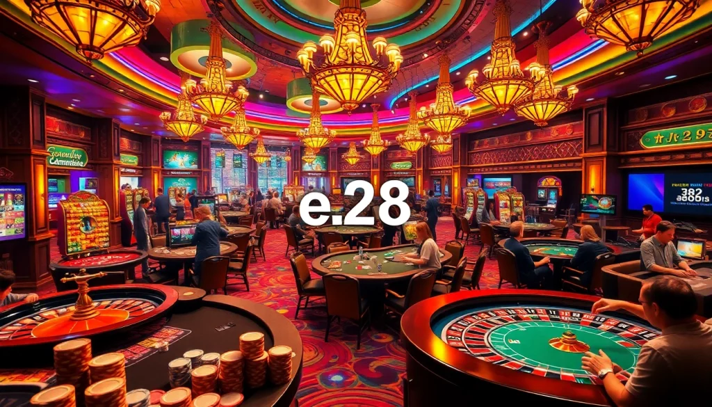 Experience the thrill of e28 betting at lively casino tables with vibrant poker chips and spinning roulette wheels.