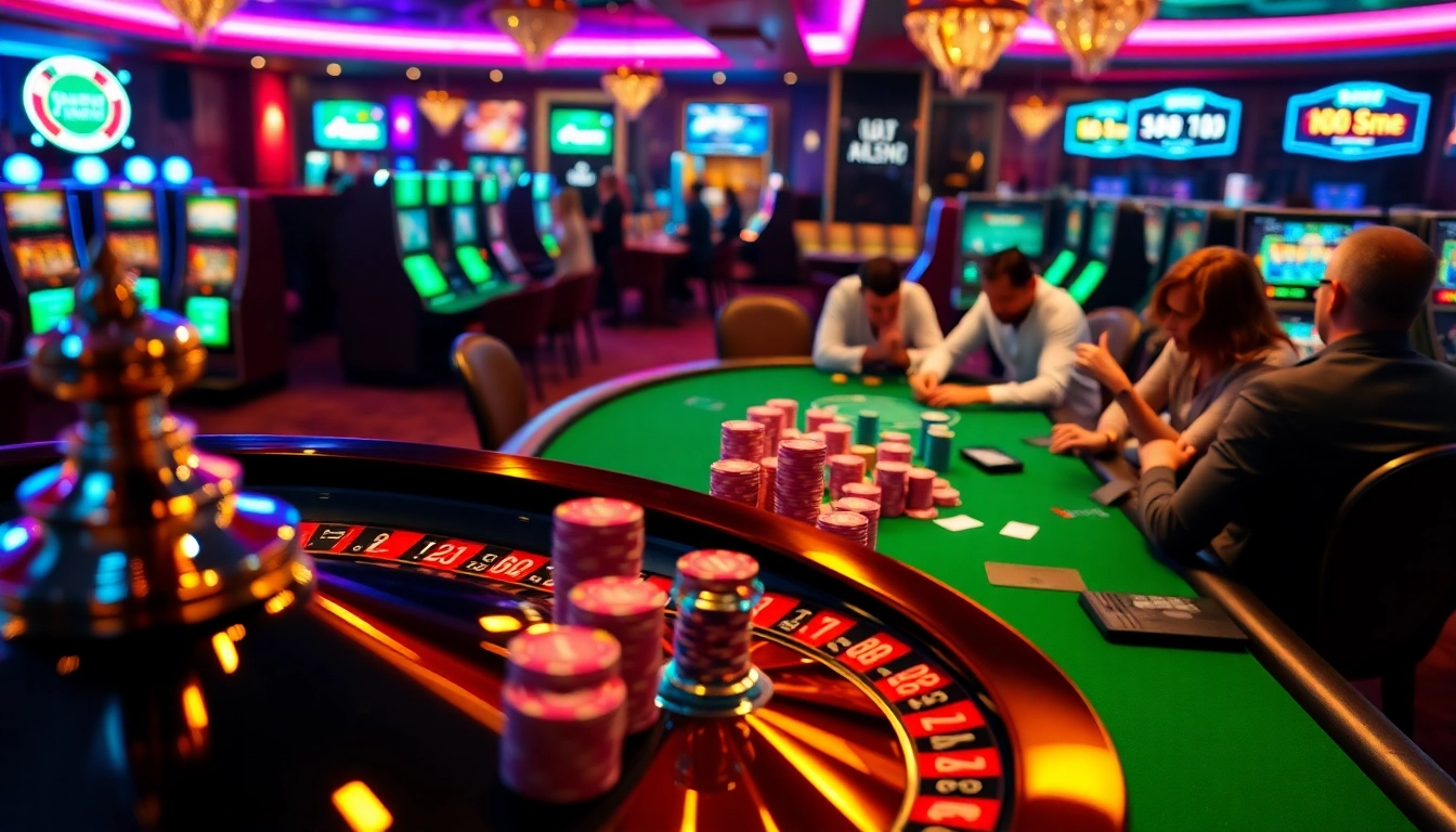 A scene from https://af88.mba/ showcasing players at a poker table surrounded by stacks of chips and a roulette wheel.