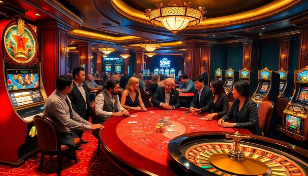 Experience the thrilling ambiance of a casino featuring 88FC poker tables and illuminated slot machines alive with action.